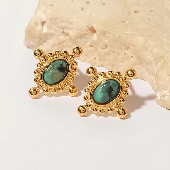 Vintage Greenish Natural Stone Stud Earrings 18K Gold Plated Stainless‎ Steel - Picture 1 of 7